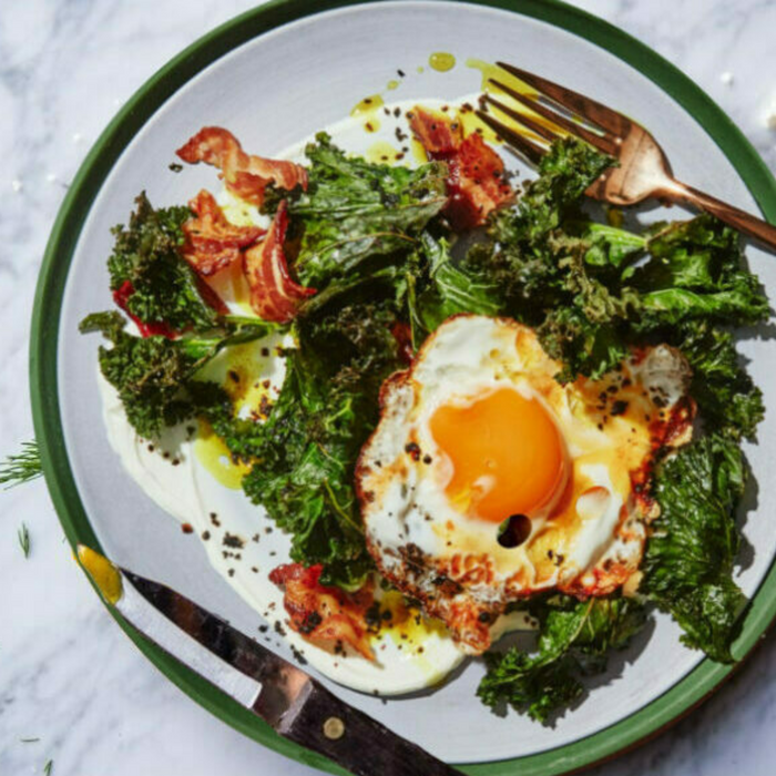 Turmeric Fried Eggs with Kale & Bacon
