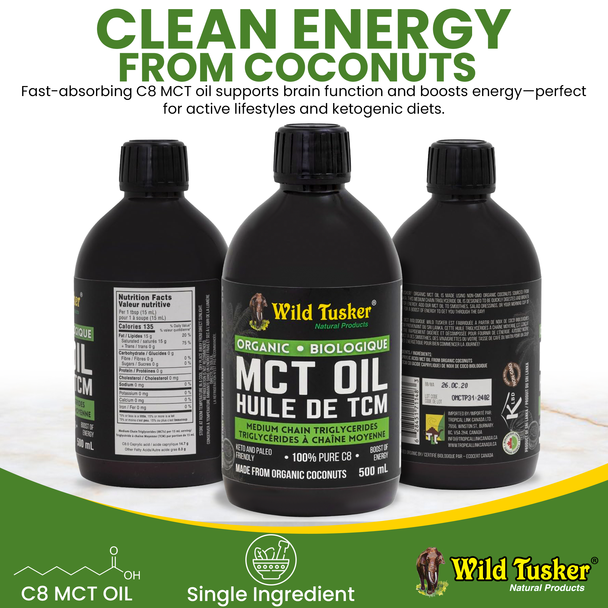 Organic Medium-Chain Triglycerides (MCT) Oil 100% C8